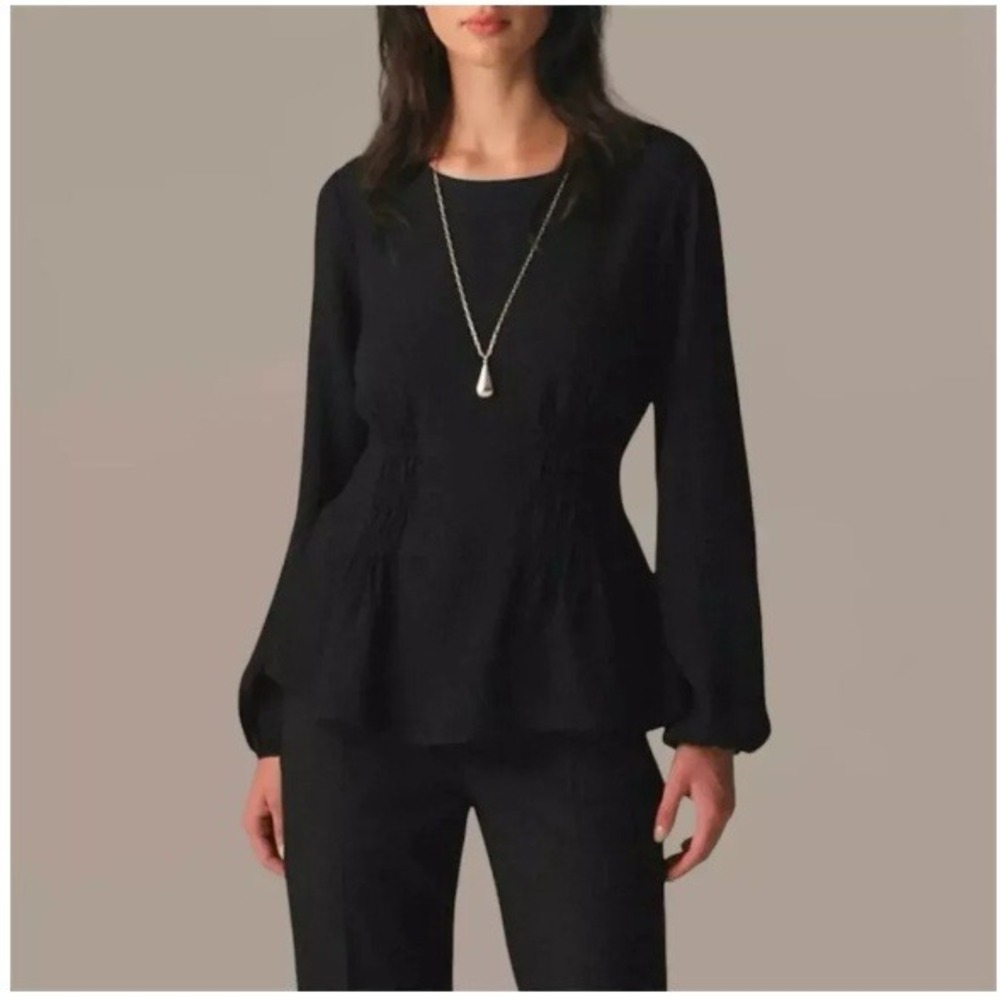 J.Crew Black Shirred-waist top in viscose crepe smocked peplum blouse size 0